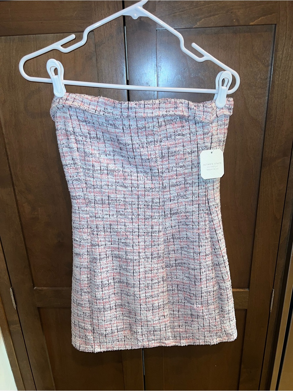 Altar'd State Pink & White Tweed Strapless Mini Dress